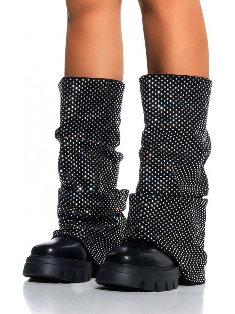 Women's Rhinestone-Black Fold Over Mid Calf Round Toe Heel Stacked Moon Boots - Picture 5 of 6